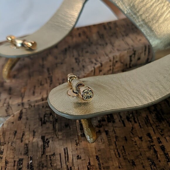 Tory Burch Gold Leather Sandals Cork Metallic Metal Thong 8.5 - Picture 15 of 16